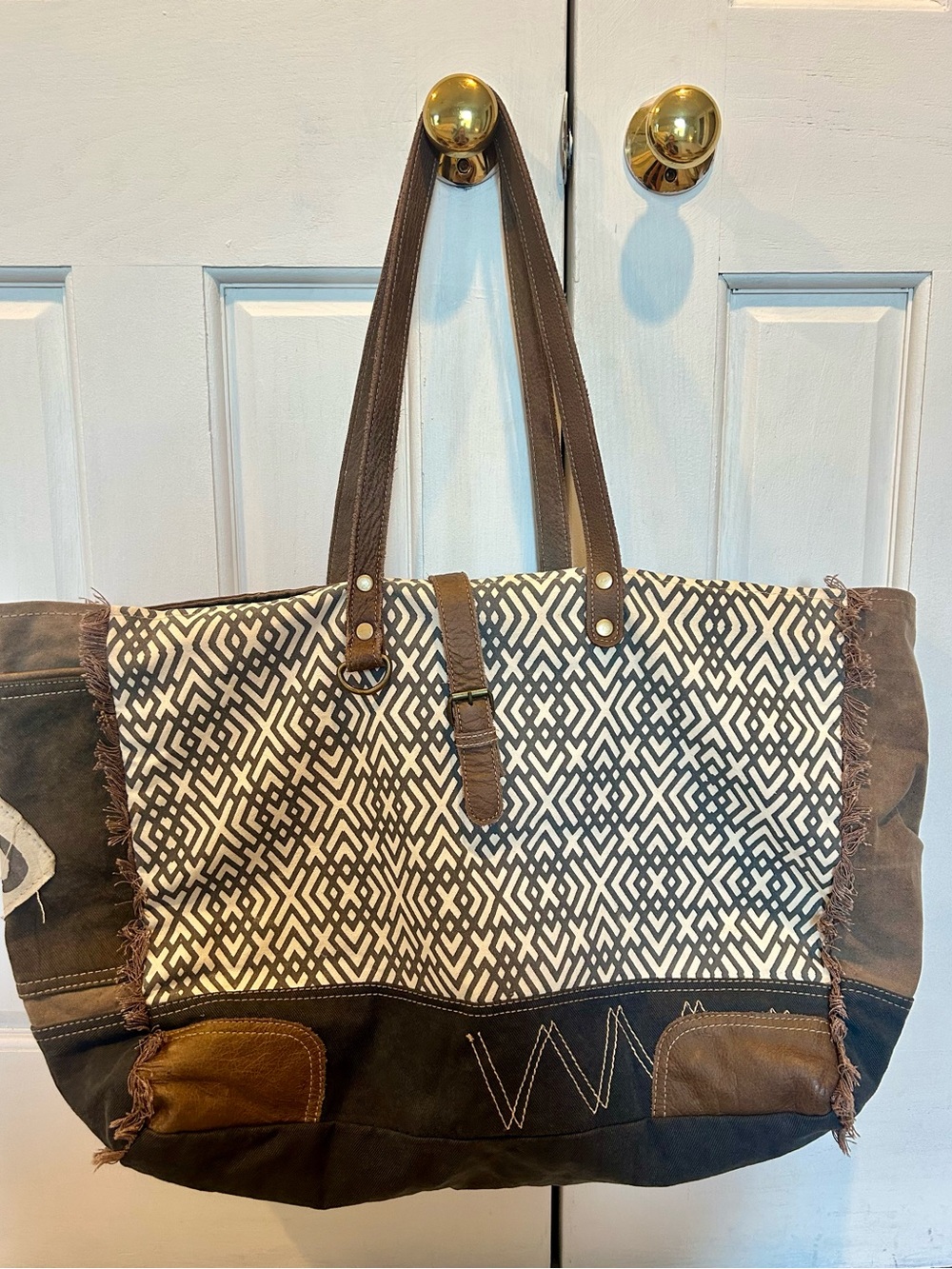 Myra Canvas & Leather Geometric Tote Bag in Brown and Cream